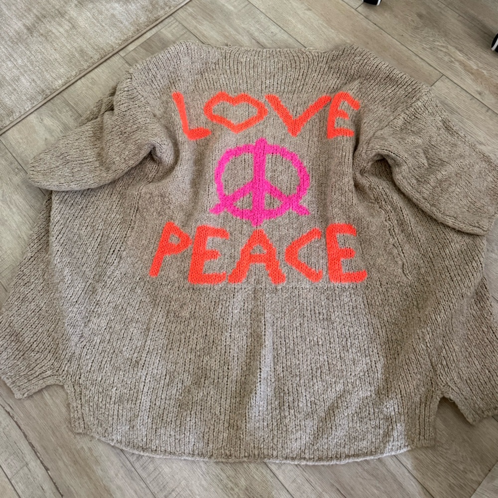 Love & Peace Handmade Knit Sweater tan Neon Pink & Orange oversized comfy